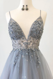 Grey spaghetti strap beaded tulle A-line long ball gown evening dress HZ1023