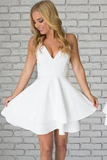 White Satin Spaghetti Straps Short Mini White V neck Homecoming Dresses HZ1023