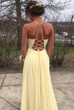 Simple V Neck Yellow Long Prom Dress with Slit HZ1023