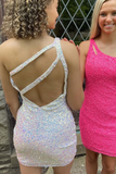 One Shoulder Sequins Bodycon Mini Dress with Keyhole HZ1023