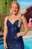 Navy Blue Sequin V-Neck Lace-Up Short Homecoming Dress HZ1023