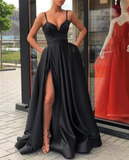 A Line Evening Dress with High Slit Satin Royal Blue Spaghetti Straps Sweetheart Long Evening HZ1023
