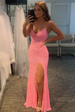 Prom Dress With Side Slit Spaghetti Straps Blue Sequin Mermaid HZ1023