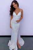 Pink Sequin V-Neck Side Slit Mermaid Long Formal Dress HZ1023