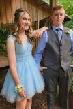 Sparkled Light Blue V-Neck A-Line Short Homecoming Dress HZ1023