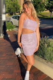 Lilac Sequin Halter Cutout Short Homecoming Dress HZ1023