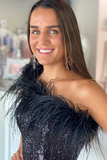 One-Shoulder Light Blue Sequins Feather Mini Homecoming Dress HZ1023