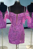Blue/purple/black/red/white shiny elegant delicate floral beaded lace off-shoulder feather short mini homecoming dress evening gown party dress HZ1023