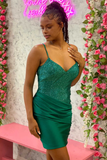 Royal Blue Beaded Spaghetti Straps Ruched Mini Homecoming Dress HZ1023