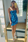 Sky Blue Glass Mirror One Shoulder Sequin Tight Homecoming Dress HZ1023