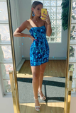 Sky Blue Glass Mirror One Shoulder Sequin Tight Homecoming Dress HZ1023