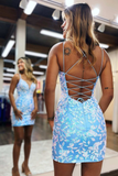 Blue fashion V-neck exquisite floral applique spaghetti straps short elegant homecoming dress evening dress party dress HZ1023