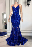 Spaghetti-Straps Royal Blue Long Mermaid Prom Dress With Sequins | Ballbellas HZ1023