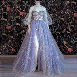 Light Purple Tulle Dress Floral Dress Off Shoulder Sweetheart Dress A-line Evening Dresses With Slit Start Applique Long Dress HZ1023
