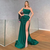 Sexy Satin Strapless Evening Dress Off Shoulder Women Prom Gown Sashes Beads Backless Sleeveless High Split HZ1023