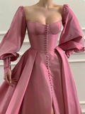 Square Nekline Classic Satin Prom Dresses, Bubble Sleeves Prom Dresses HZ1023
