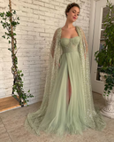 Sage Green Prom dress A line Floor-length Aurora Cape Tulle Prom Dress HZ1023