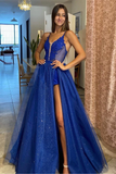 Shiny V Neck Blue Lace Long Prom Dress with High Slit, Sparkly Formal Dress HZ1023
