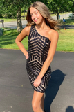Stunning One Shoulder Black Sequins Homecoming Dress HZ1023