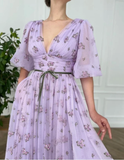 Lavender tulle ball gown V neck puff sleeve wedding dress bridesmaid dress princess dress HZ1023