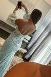 Light Blue Lace Strapless Puff Sleeve Long Prom Dress HZ1023