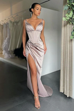 SEXY V-NECK HIGH-SPLIT MERMAID RUCHED LONG PROM DRESS HZ1023