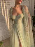 Sage Green Prom dress A line Floor-length Aurora Cape Tulle Prom Dress HZ1023