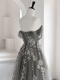 Gray Sweetheart Neck A line Lace Long Prom Dress, Gray Formal Dress HZ1023