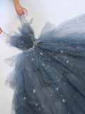 Blue gorgeous sparkling exquisite beaded long tulle ball gown evening dress with rhinestones multi-layered dress HZ1023