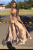 A Line Straps Floor Length Deep V-Neck Sleeveless Long Prom Dresses HZ1023