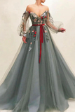 Chic Off The Shoulder Long Sleeves A Line Tulle Long Prom Dress With Flowers HZ1023
