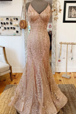 Mermaid V-Neck Rose Gold Long Prom Dress with Criss Cross Back HZ1023