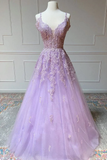 V Neck Off Shoulder Long Lilac Lace Prom Dress, Off Shoulder Purple Lace Formal Graduation Evening Dress HZ1023