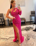 One Shoulder Fuchsia Beading Lace Mermaid Prom Dress with Long Sleeves HZ1023