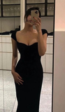 Simple Floor Length Black Prom Evening Dress With Cap Sleeves HZ1023
