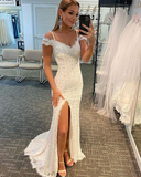 White Beading Lace Cold Shoulder Mermaid Prom Dress with Side Slit HZ1023