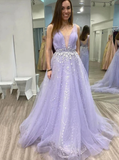Elegant A Line Long Prom Dress Appliques Tulle Deep V Neck Party Dresses HZ1023