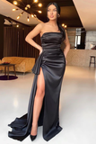 BLACK STRAPLESS HIGH SPLIT LONG MERMAID LOW BACK PLEATS PROM DRESS HZ1023