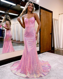 Sparkly Mermaid Sweetheart Pink Sequins Long Prom Dresses HZ1023
