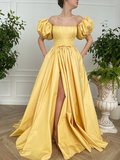 Vintage Fairy Corset Dress, A line Straight Long Yellow Taffeta Prom Dress Ball Gown, Short Sleeve Wedding Ball Gown Prom Dress with Slit HZ1023