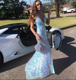 Sparkly Mermaid V Neck Light Blue Sequins Long Prom Dresses with Slit HZ1023