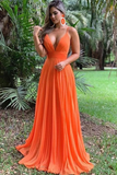 Sexy V-Neck Pleated Long Orange Prom Dress HZ1023