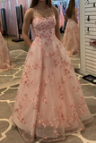 Pink tulle lace long ball gown dress A line evening dress HZ1023