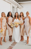 Rose gold silk dress Bella Halter neck midi bridesmaid dress Open back bias cut midi twist halter neckline dress HZ1023