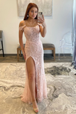 Blushing Pink Mermaid Off-the-Shoulder Applique Long Prom Dress with Slit HZ1023