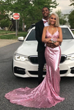 Rose Pink Sequins Halter Prom Dresses HZ1023