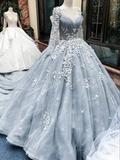 Romantic light grey long sleeve floral long lace applique wedding dress prom dress evening gown HZ1023