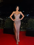 Sweetheart Long Fitted Sequin Prom Dresses, High Slit Prom Dresses HZ1023