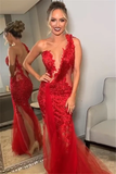 Burgundy one shoulder lace applique backless mermaid tulle ball gown HZ1023