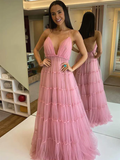 Spaghetti Pinl Tulle Prom Dresses, Lovely Prom Dresses, Formal Dresses HZ1023
